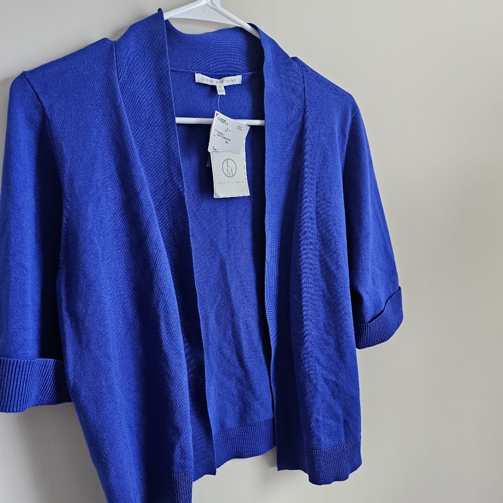 Linda Matthews Womens Open Cardigan L Blue 3/4 Crop Sleeve Stretch  Knit